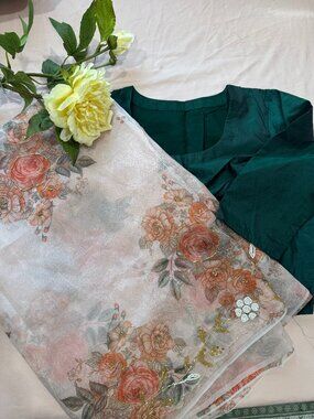 Printed organza saree with stitched blouse
